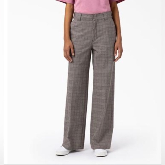Dickies Women's Bakerhill High Rise Wide Leg Pants Brown Plaid Size 12R new‎ - Picture 1 of 6
